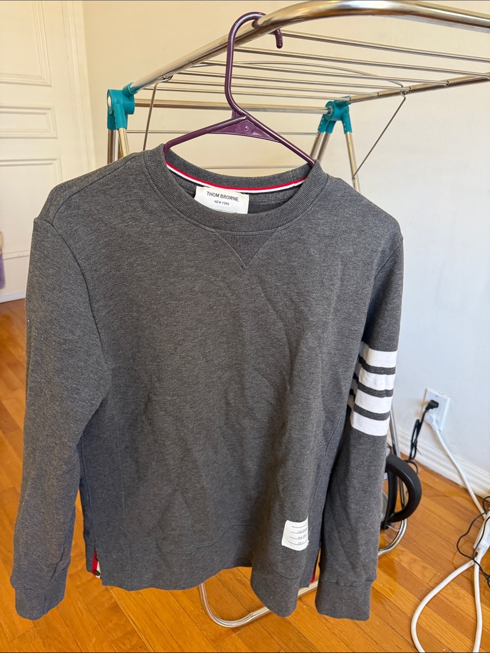 Thom Browne Charcoal Gray Crewneck Sweatshirt with White Sleeve Stripes